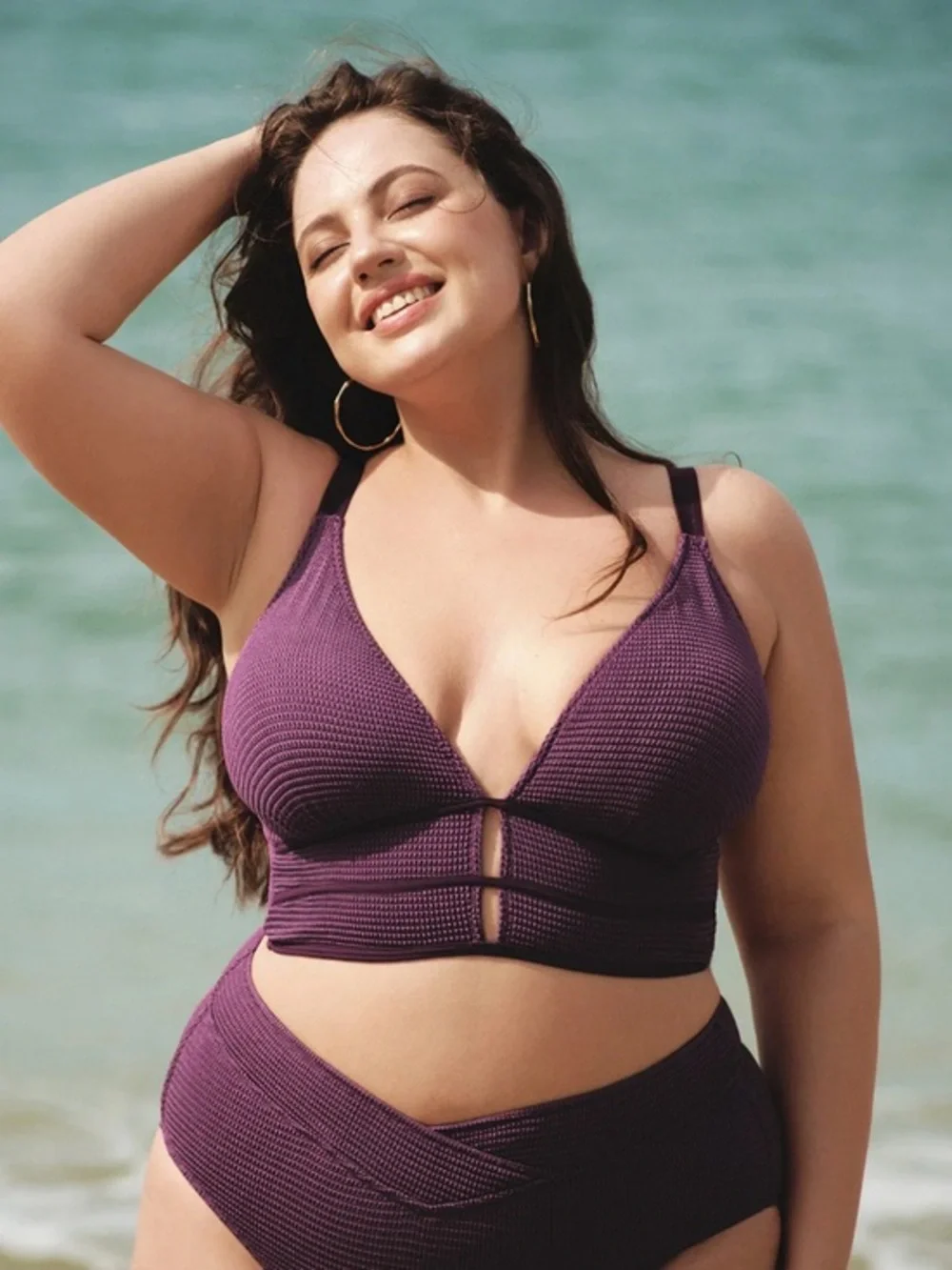 Purple Textured V Neck Plus Size Tankini Top